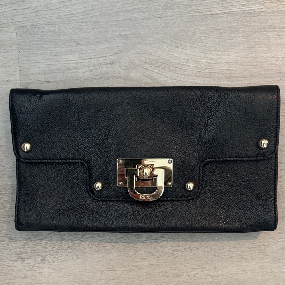 DKNY Black Leather Clutch with Gold Accents